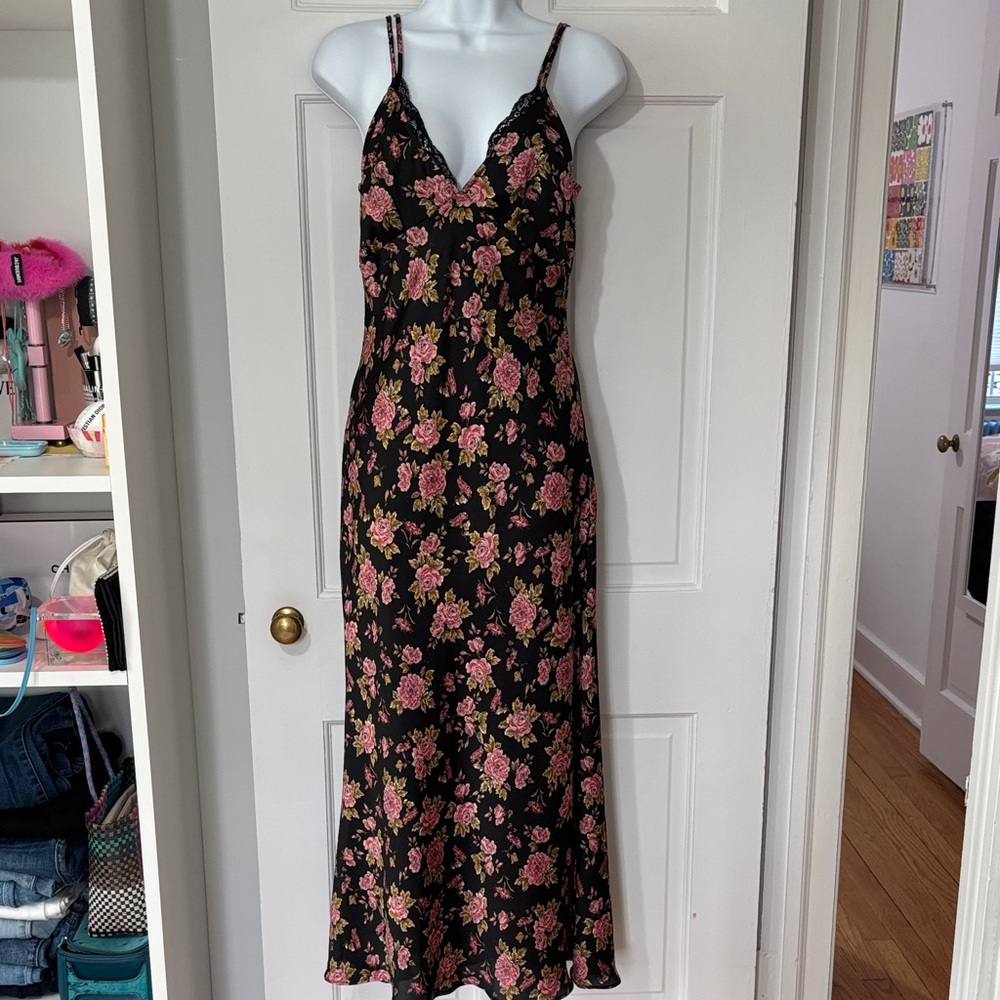 Zara Black Maxi Dress with Pink Floral Print